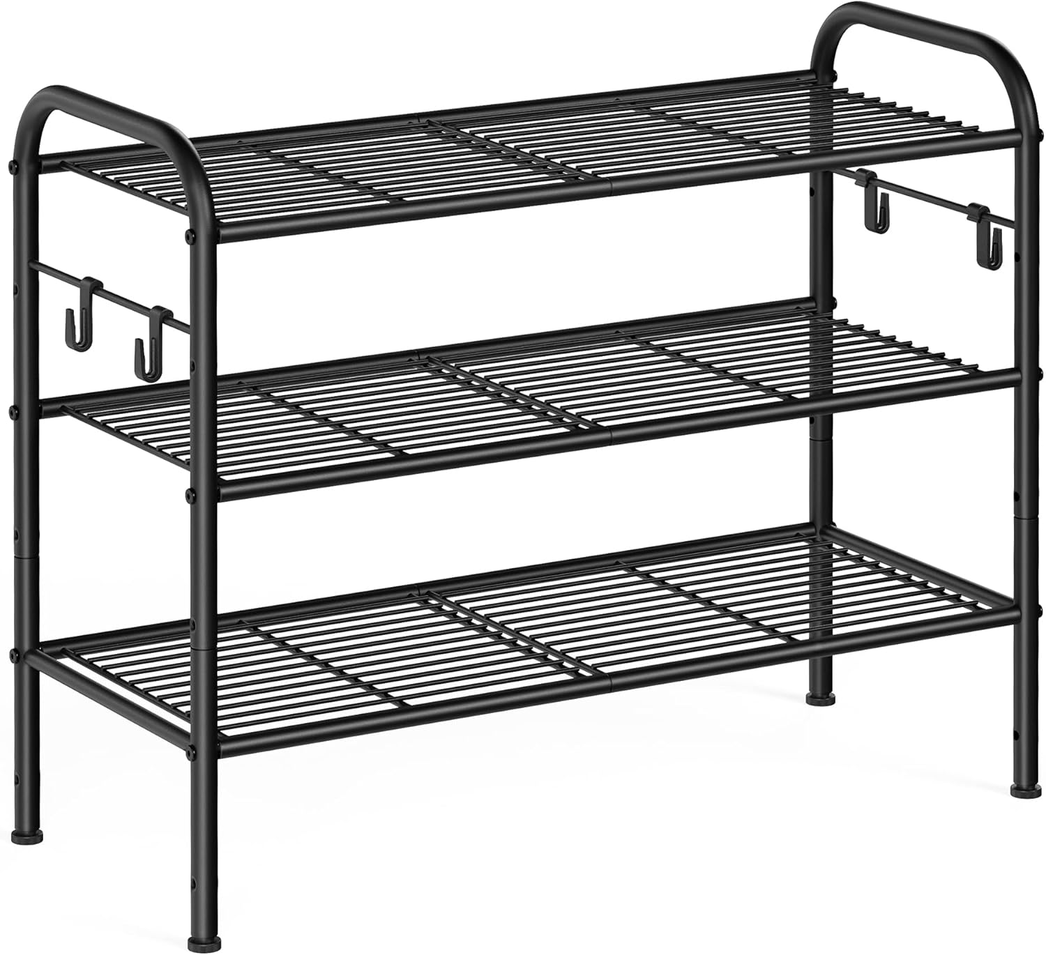 SONGMICS 3-Tier Shoe Rack - Height-Adjustable Metal Organizer with 4 Hooks | Holds 12 Pairs, Ink Black
