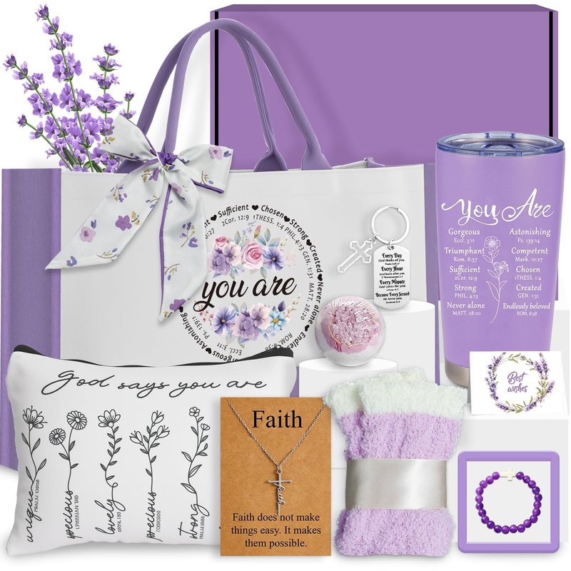 11Pcs Purple Christian Gifts for Women Faith Spiritual Inspirational Religious Catholic Gift for Women Mom Wife Friend Sister Birthday Holiday Christmas Gifts Includes Tumbler Tote Bag Socks Scarf Set