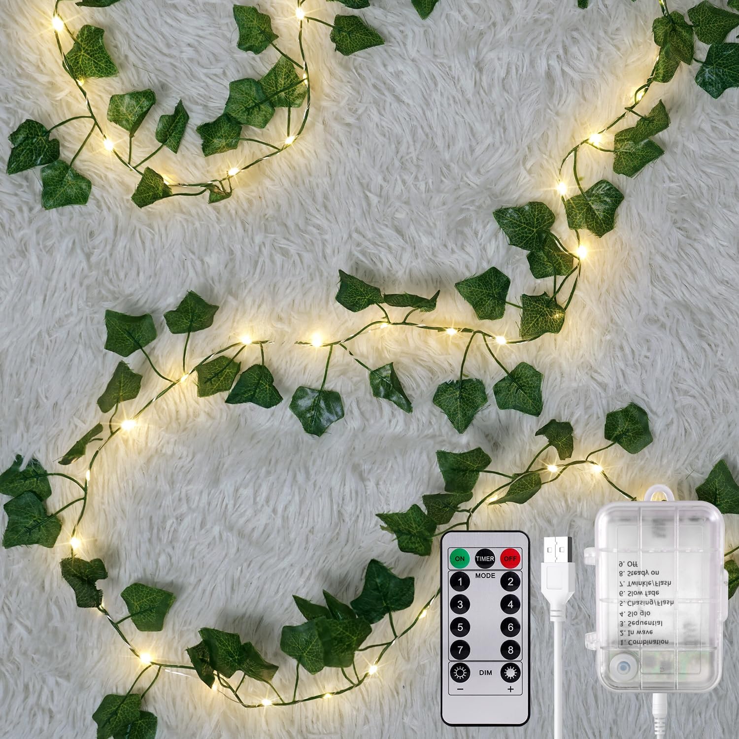 Skiennix 40ft LED Vine Fairy Lights - Battery Operated, 8 Modes & Timer, Green Leaf Decor for Indoor & Outdoor Events (Warm White)