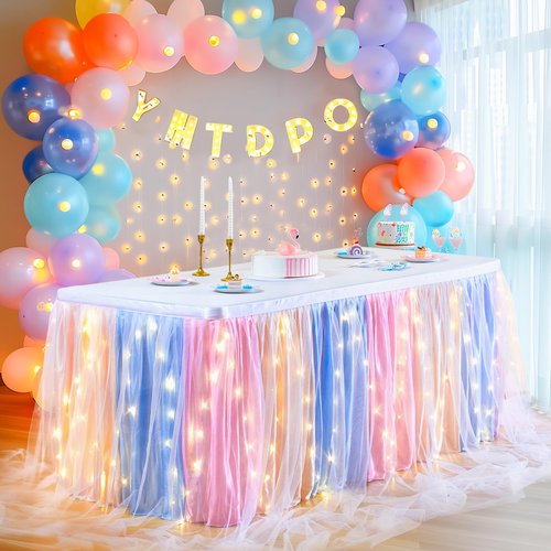 9FT Rainbow Tulle Table Skirt for Rectangle or Round Tables Ruffle Tulle Tutu Cloth Desk Table Skirt with LED Lights for Birthday Party Baby Shower Gender Reveal Cake Dessert Decorations