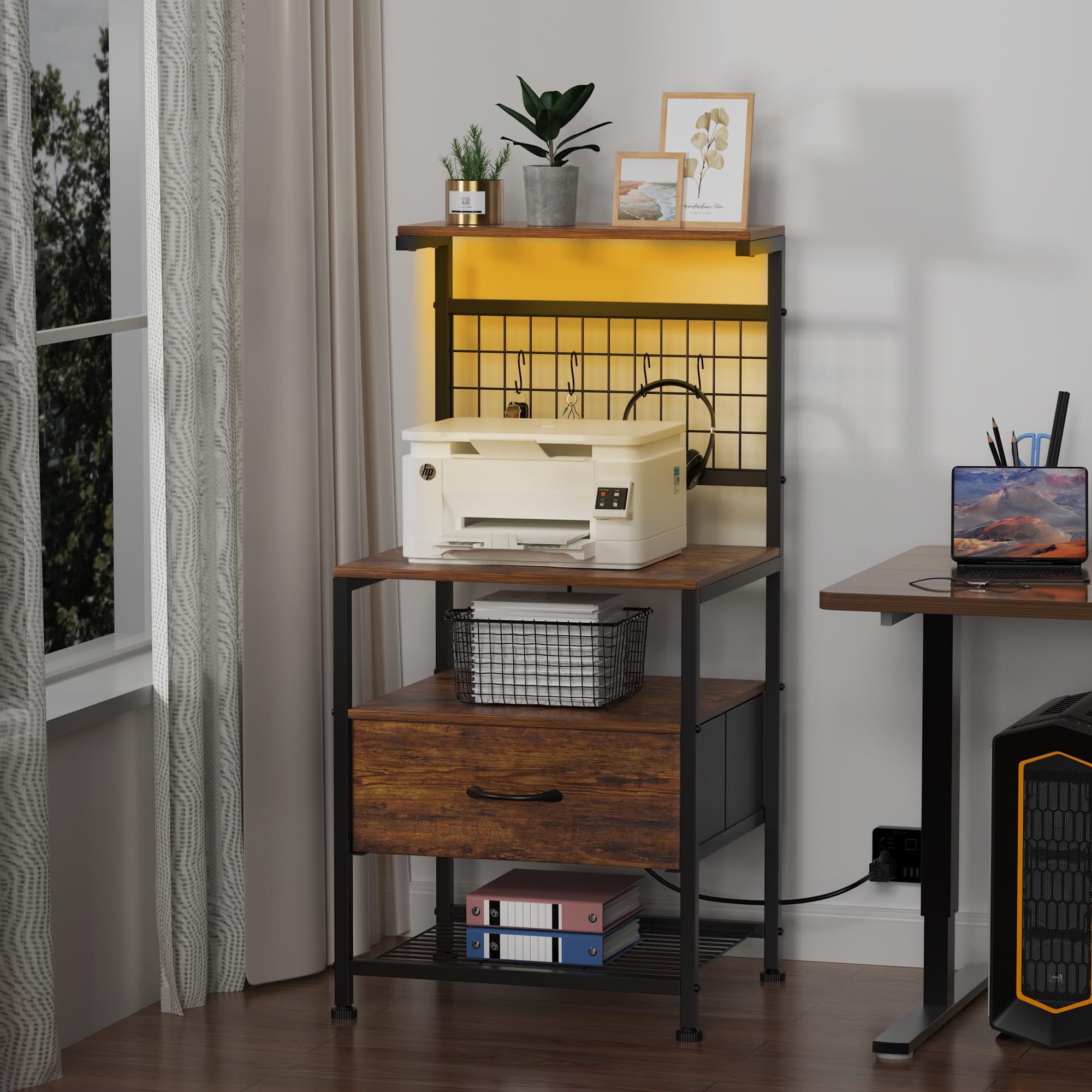 Aetheris Night Stand with Charging Station and LED Lights, End Table with Drawers and Storage Shelves, NightStand with Storage Shelf & Hooks, Night Stand for Bedroom, Rustic Brown