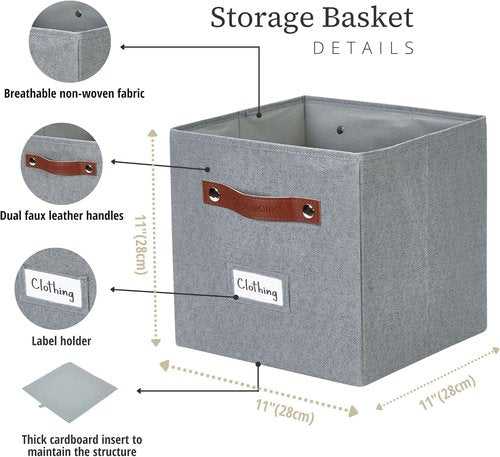 DECOMOMO Storage Bins - Fabric Cube Storage Bins with Labels for Shelves | 11" | 6-Pack, Texture Grey