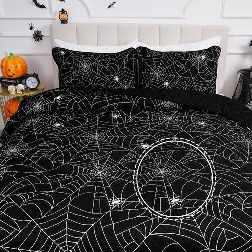 FRAMICS 3 Pieces Halloween Quilt Set King Size, Spider Web Quilt Set, Lightweight Black Quilt, Halloween Bedding Set, 106" x 96", 1 Quilt+2 Pillow Shams