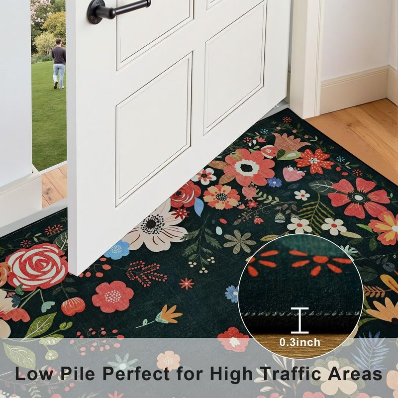Vasofe 5x7 Rug for Bedroom,Washable Rugs for Living Room, Dining Room, Indoor Floor Mat, Floral Printed Mats for Nrusery, Farmhouse, Laundry Room,Non Slip Low Pile Soft Modern Carpet, Black