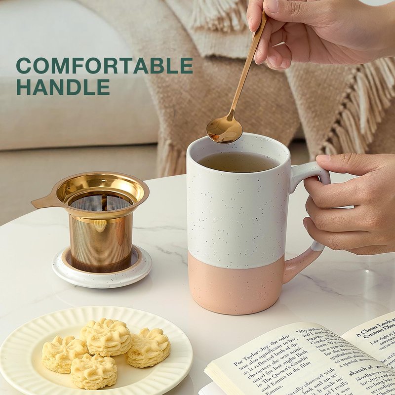 Gencywe Ceramics Large Tea Cup with Loose Leaf Infuser, Spoon and Lid, 16 oz Tall Coffee Mug, Microwave and Dishwasher Safe, Rustic Matte Ceramic Glaze, Tea Strainer (Pink)