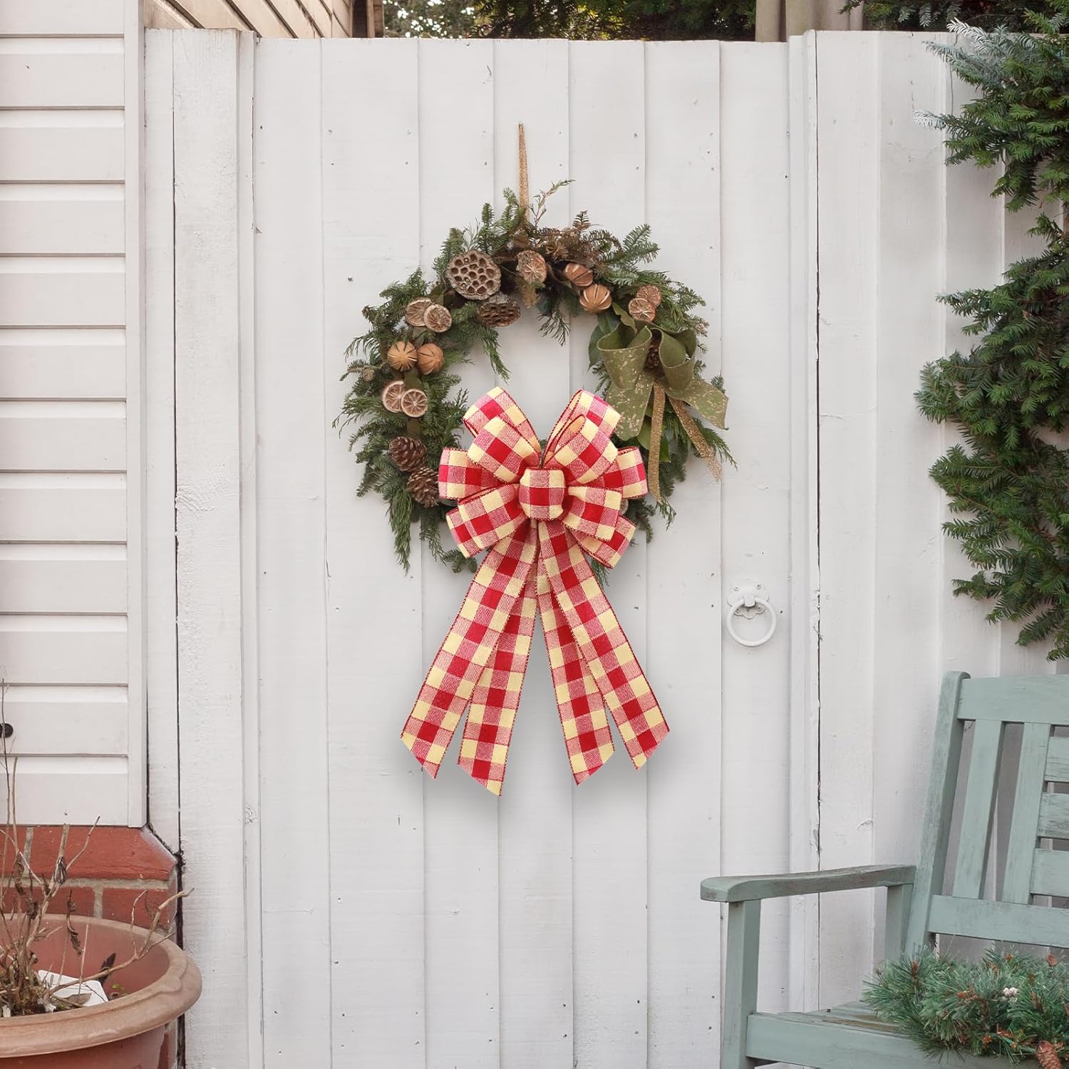 Regine Switzerland Large Red Linen Buffalo Plaid Wreath Bow - Rustic Burlap Decoration for Weddings & Holidays