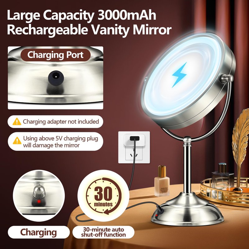 10X Magnifying Mirror with Light, Rechargeable 9" Lighted makeup mirror with magnification, 3 Color Modes, Adjustable Brightness, No Assembly Required, 360° Rotation Cosmetic Mirror, Pearl Nickel