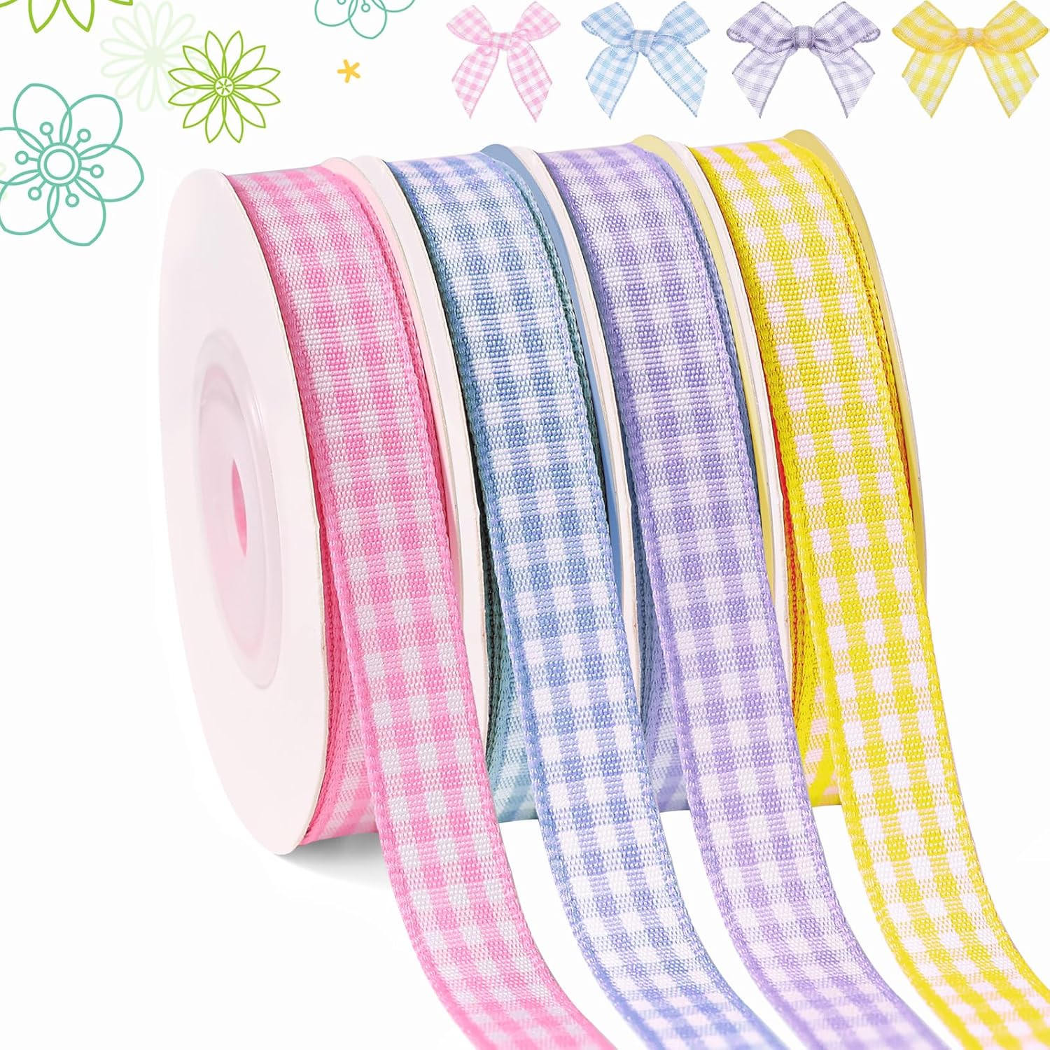 Skiennix Gingham Ribbon - Thin Checkered Polyester for Gift Wrapping & DIY Crafts | 10 Yds x 3/8 In, 4 Rolls in Pink/Purple/Blue/Yellow