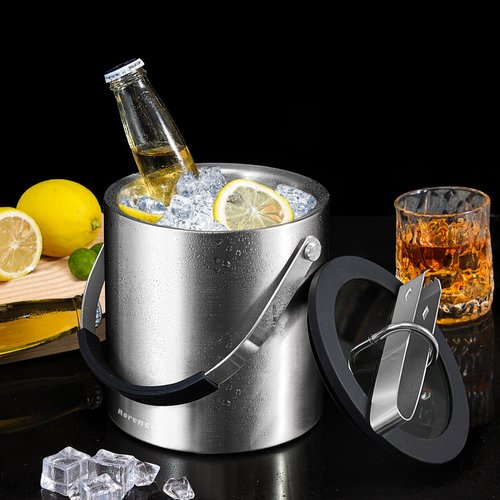 Rorence 2L Ice Buckets for Parties, Stainless Steel Ice Bucket with Lid & Ice Tong, Double Wall Insulated Stainless Steel Champagne Bucket Wine Bucket for Cocktail Bar