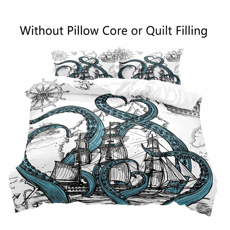 LUVIVIHOME 3PCS Octopus Duvet Cover King Bedding Set, White Duvet Cover, Teal Kraken Tentacles Sailboat Anchor Rudder Coastal Ocean Marine Sea Animal Nautical Comforter Quilt Cover, 2 Pillow Cases