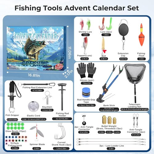 Fishing Advent Calendar 2025 - 24-Day Countdown with Telescopic Landing Net & Fish Gripper for Men