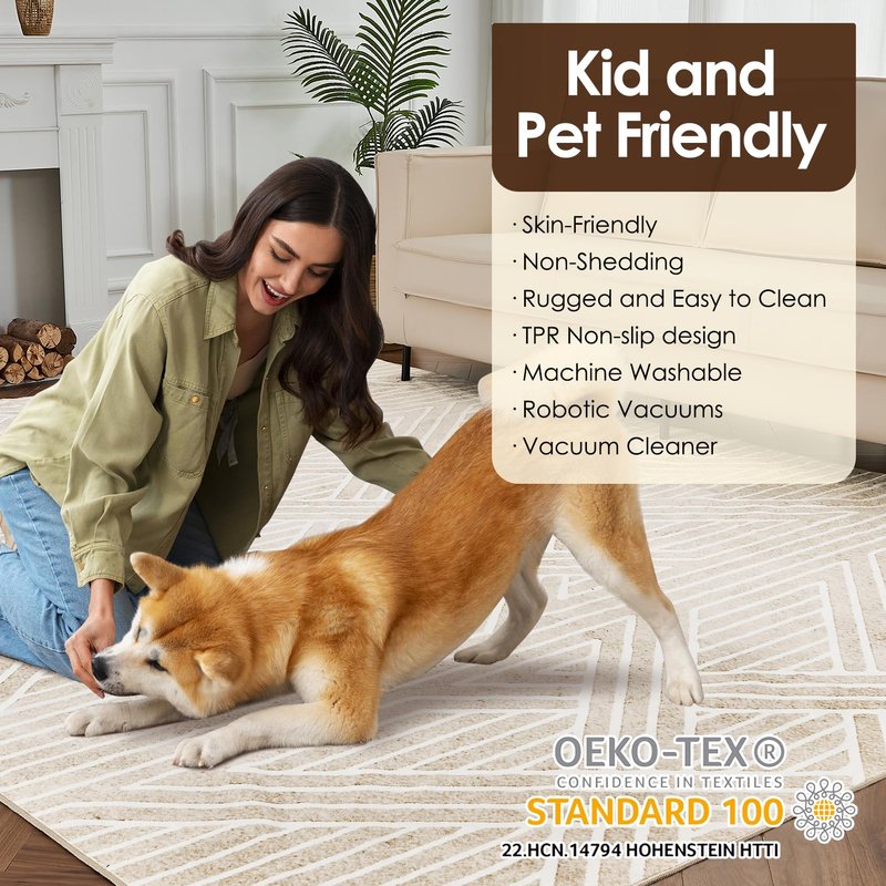 INGEROOM 6x9 Washable Area Rugs, Neutral Beige Geometric Area Rug for Living Room Bedroom, Modern Area Rug, Large Non-Slip Indoor Floor Carpet for High Traffic Areas, Kitchen, Dining Room