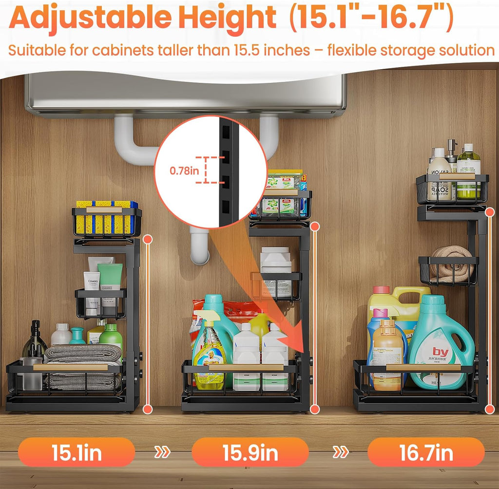 Under Sink Organizer - 2 Pack 3-Tier Pull-Out Shelf for Bathroom & Kitchen Storage | Slide-Out Drawer Solution