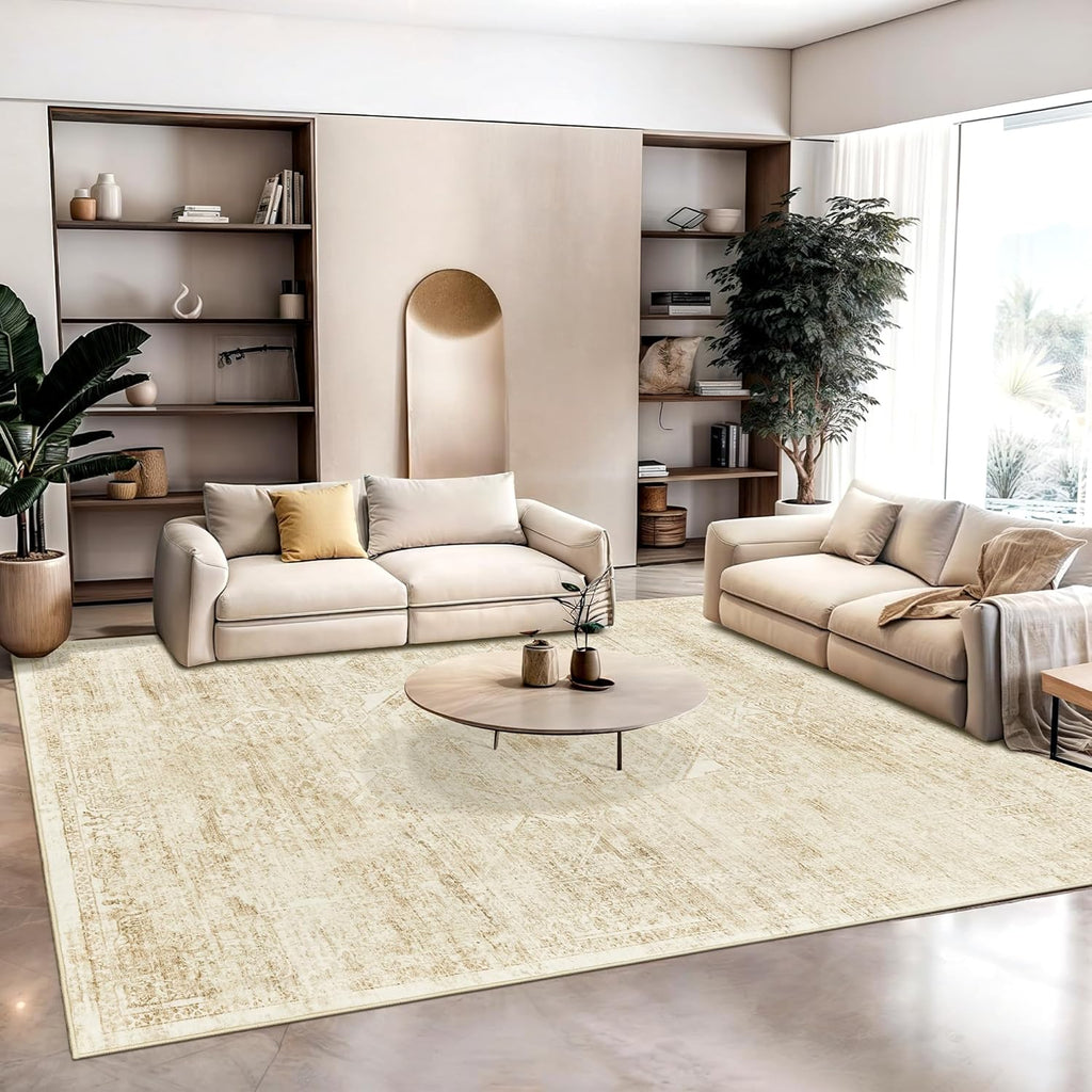 Soalmost Washable Area Rug - Large Vintage Beige 8x10 Soft Rug for Living Room & Bedroom | Non-Slip Design