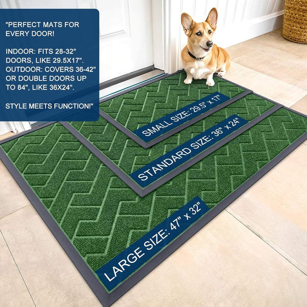 OLANLY Waterproof Herringbone Doormat - All-Season Indoor/Outdoor Entry Mat | Easy Clean, Low Profile (Green, 47x23)
