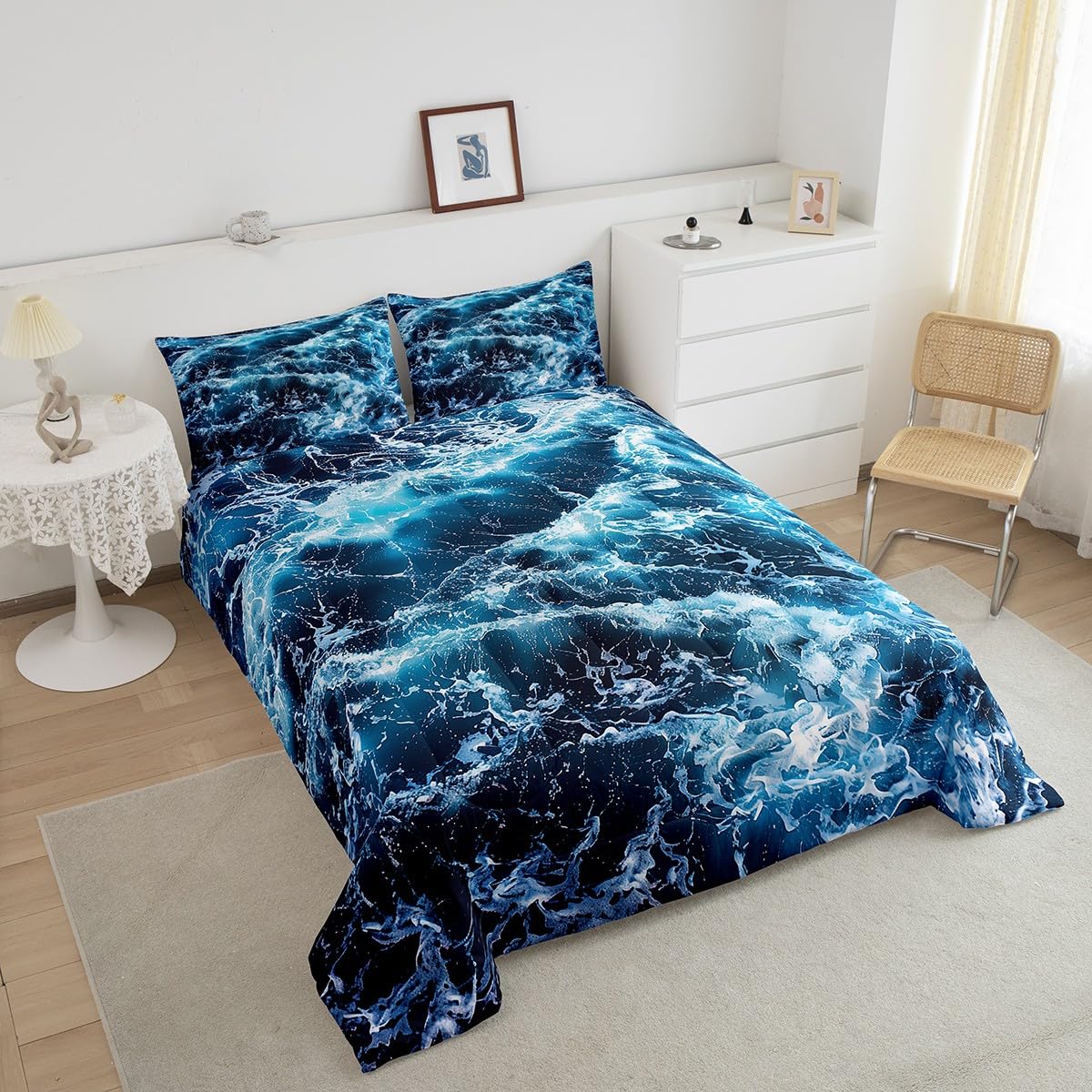 Erosebridal Blue Waves Comforter Set Queen Size Ocean Sea Bedding Summer Theme Print Bedding Comforter Sets Marine Water Grain Nautical Quilt with 1 Pillow Case