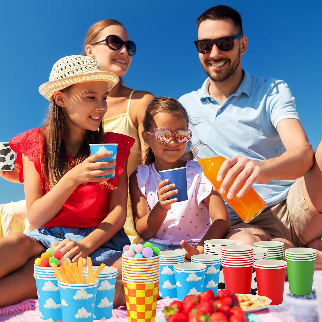 Vesici 60 Pieces 9 oz Cartoon Story Paper Cups Cartoon Story Birthday Party Decoration Blue Sky White Clouds and Cow Print Disposable Drinking Cup Bulk for Birthday Baby Shower Table Supplies