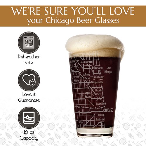 Greenline Goods Beer Glasses - 16 oz Drinkware Set for Chicago lovers - Set of 2 - Etched with Chicago, IL Map | Premium Decorative Glassware