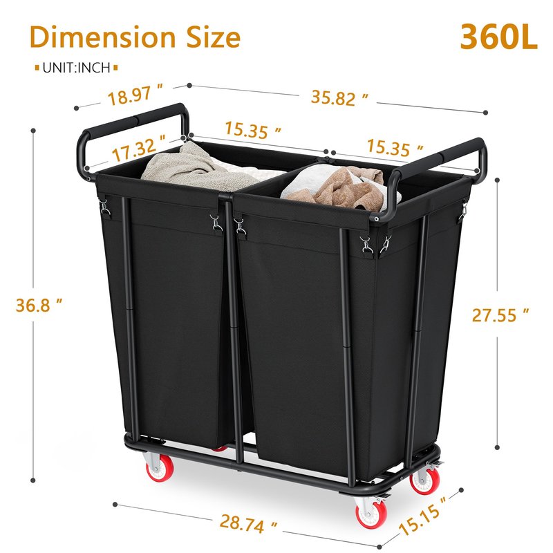 Gewudraw Large Laundry Hamper with Wheels, 2 Bag 360L Big Rolling Laundry Basket Sorter Cart, Extra Large Clothes Hamper, Heavy Duty Laundry Basket Organizer for Laundry Room, Bathroom