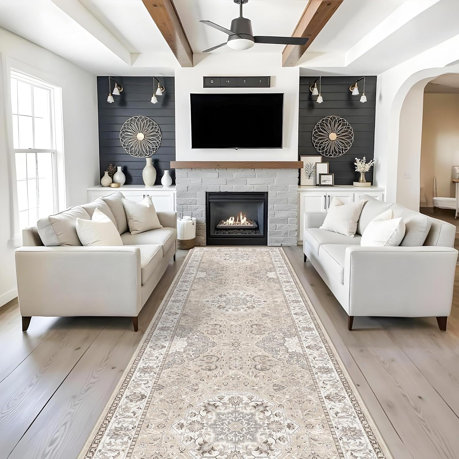 Skiennix Washable 4x12 Wide Hallway Runner - Vintage Soft Non-Slip Water Resistant Rug | Beige