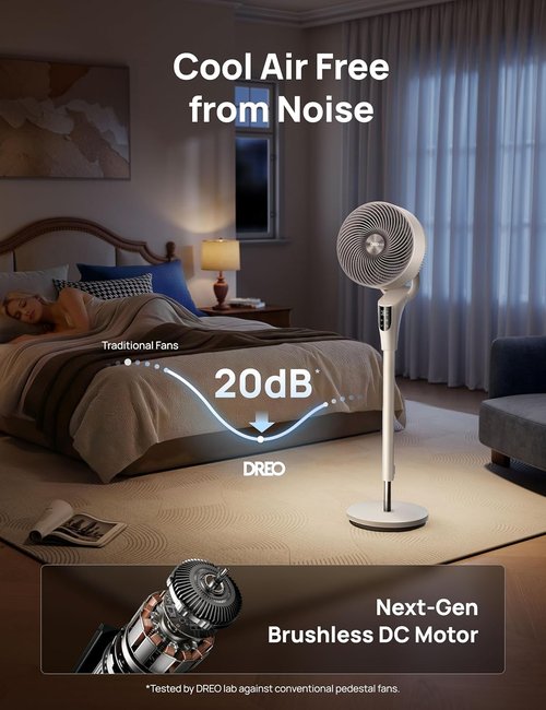 DREO Quiet Oscillating Fan - 90ft Airflow, 20dB Noise Level, Adjustable Height 38-42'' | 8+ Speeds, 3 Modes