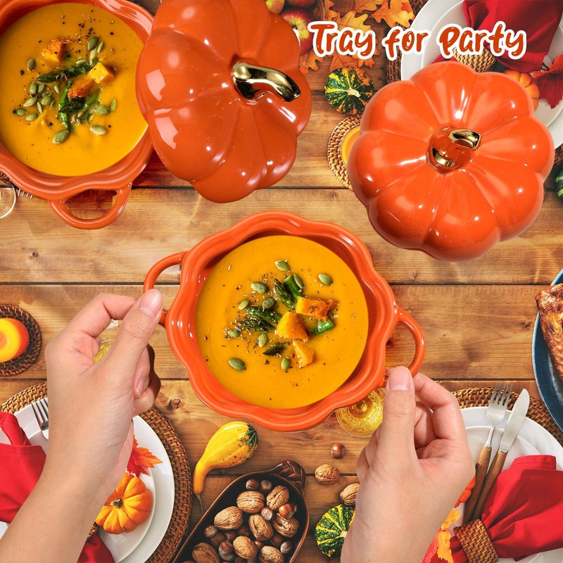 Yaomiao 6 Pcs Pumpkin Ceramic Bowl 15 oz Pumpkin Soup Bowl Pumpkin Shape Storage Jar with Lid and Handles for Home Halloween Party Kitchen Tableware(Orange)