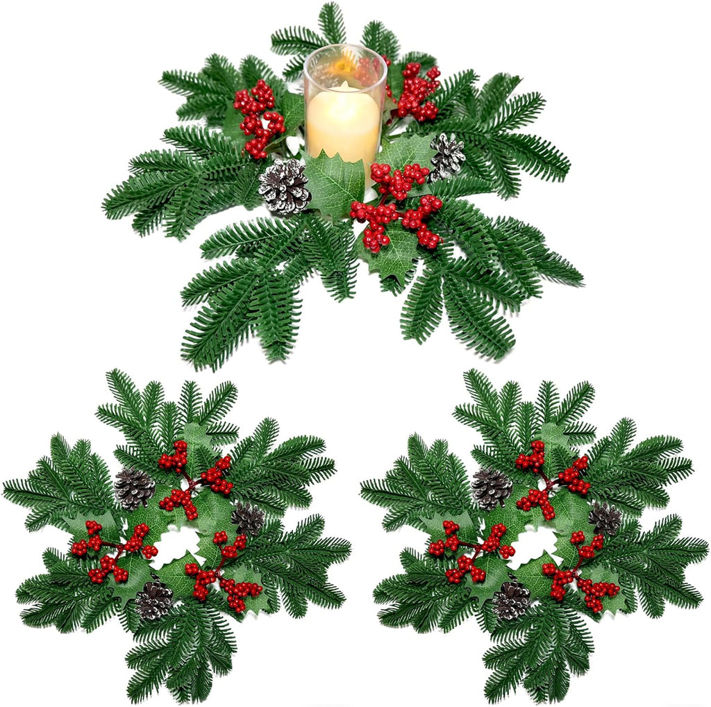 Skiennix Christmas Small Wreaths - 3 Pcs 13.5 Inch Pine Candle Rings for Table Centerpieces & Home Decor