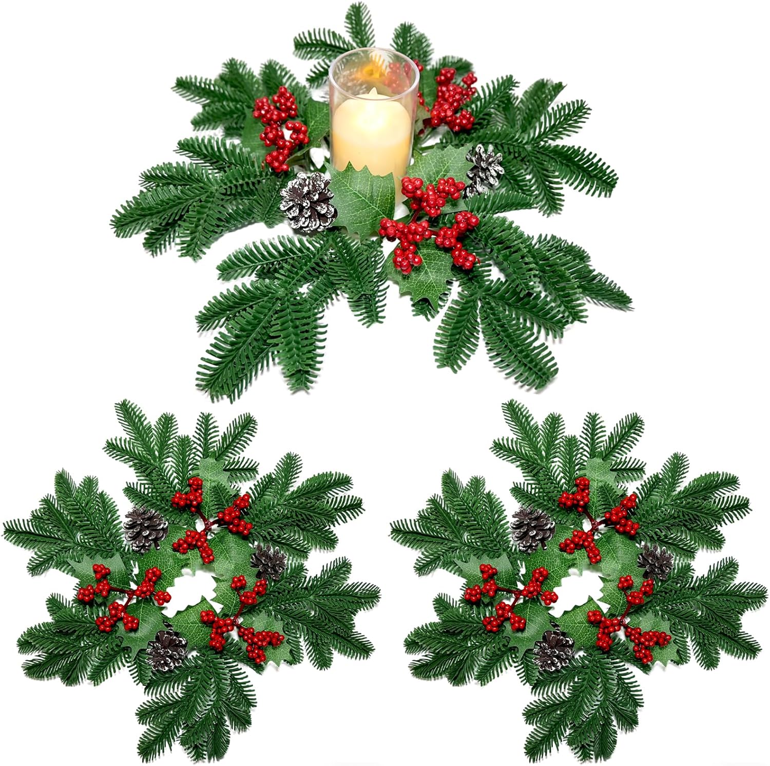Skiennix Christmas Small Wreaths - 3 Pcs 13.5 Inch Pine Candle Rings for Table Centerpieces & Home Decor