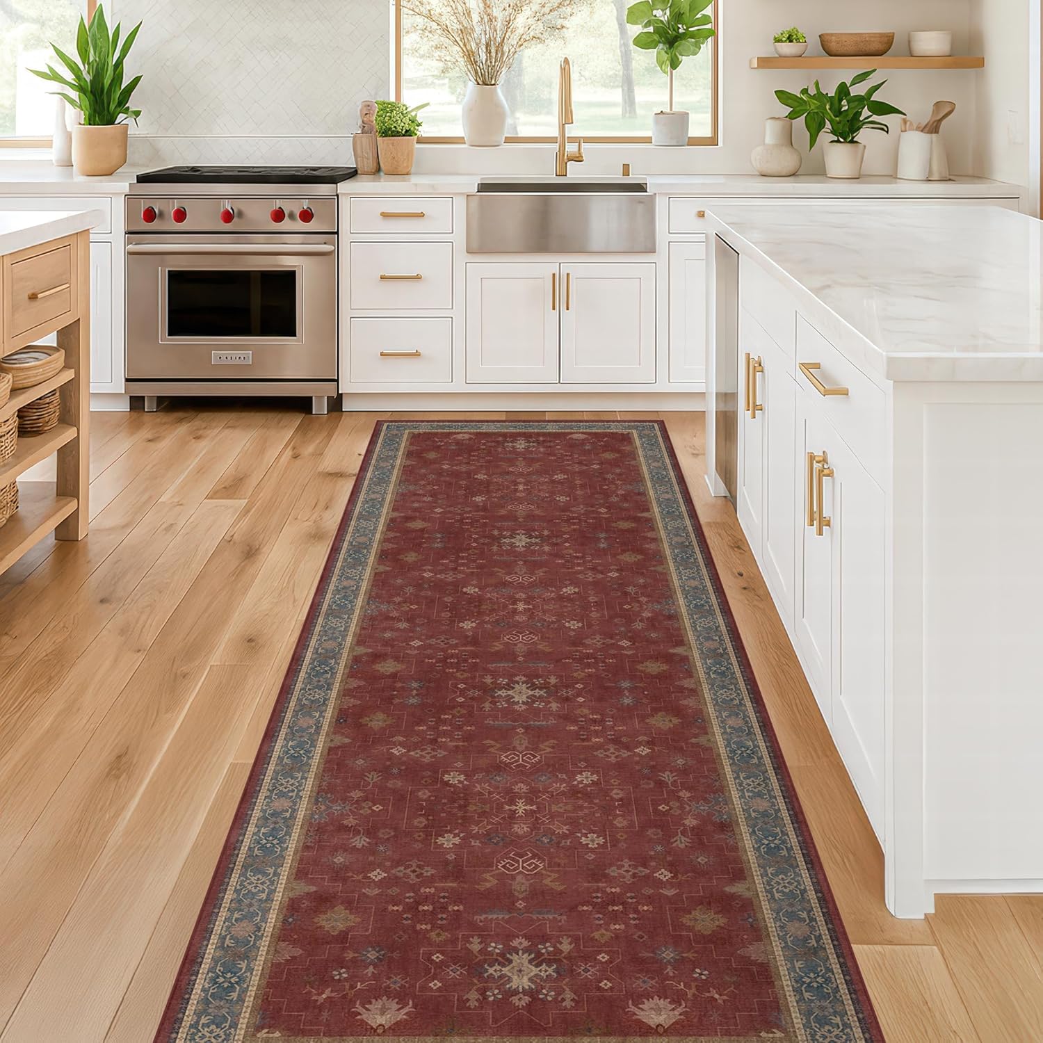 Skiennix Red 2x8 Long Hallway Runner Rug - Boho Washable Non-Skid Indoor Mat | Vintage Geometric Design