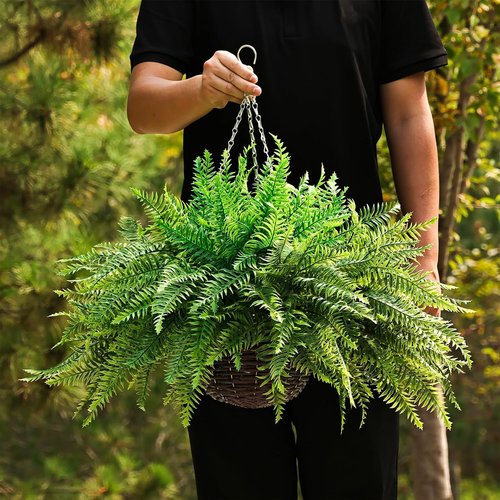 QIANYUN 1PCS Fake Hanging Plant- Boston Ferns UV Resistant Plastic Plants for Bedroom Living Room Garden Decor- Including Hanging Planters (Persian-Green)