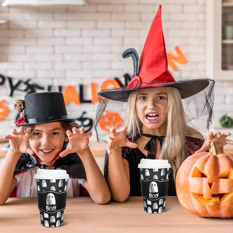 Whaline 50Pcs 16Oz Halloween Disposable Coffee Cups with Lids and Sleeves Spooky Foil Silver Ghost Boo Paper Drinking Cup for Trick or Treat Birthday Party Supplies
