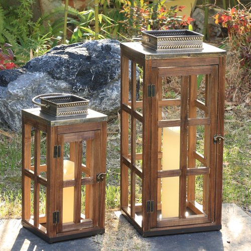 DECORKEY Rustic Wooden & Metal Lantern Set of 2 - 28''/20'' H Decorative Indoor/Outdoor Candle Holders