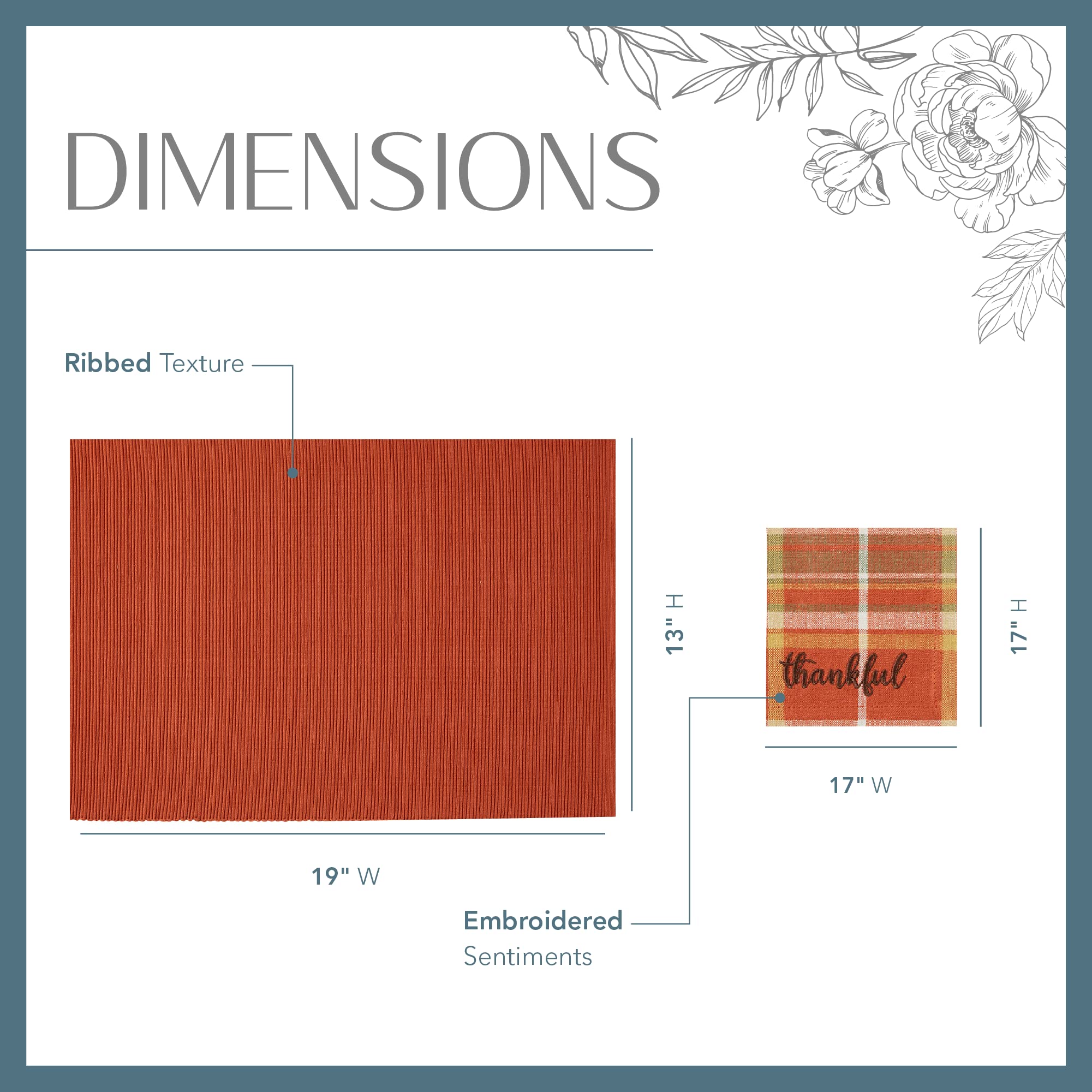 Elrene Home Fashions Harvest Sentiments Value Set, 4 Cloth Napkins and 4 Ribbed Placemats, Large, Multicolor, 8 Pieces