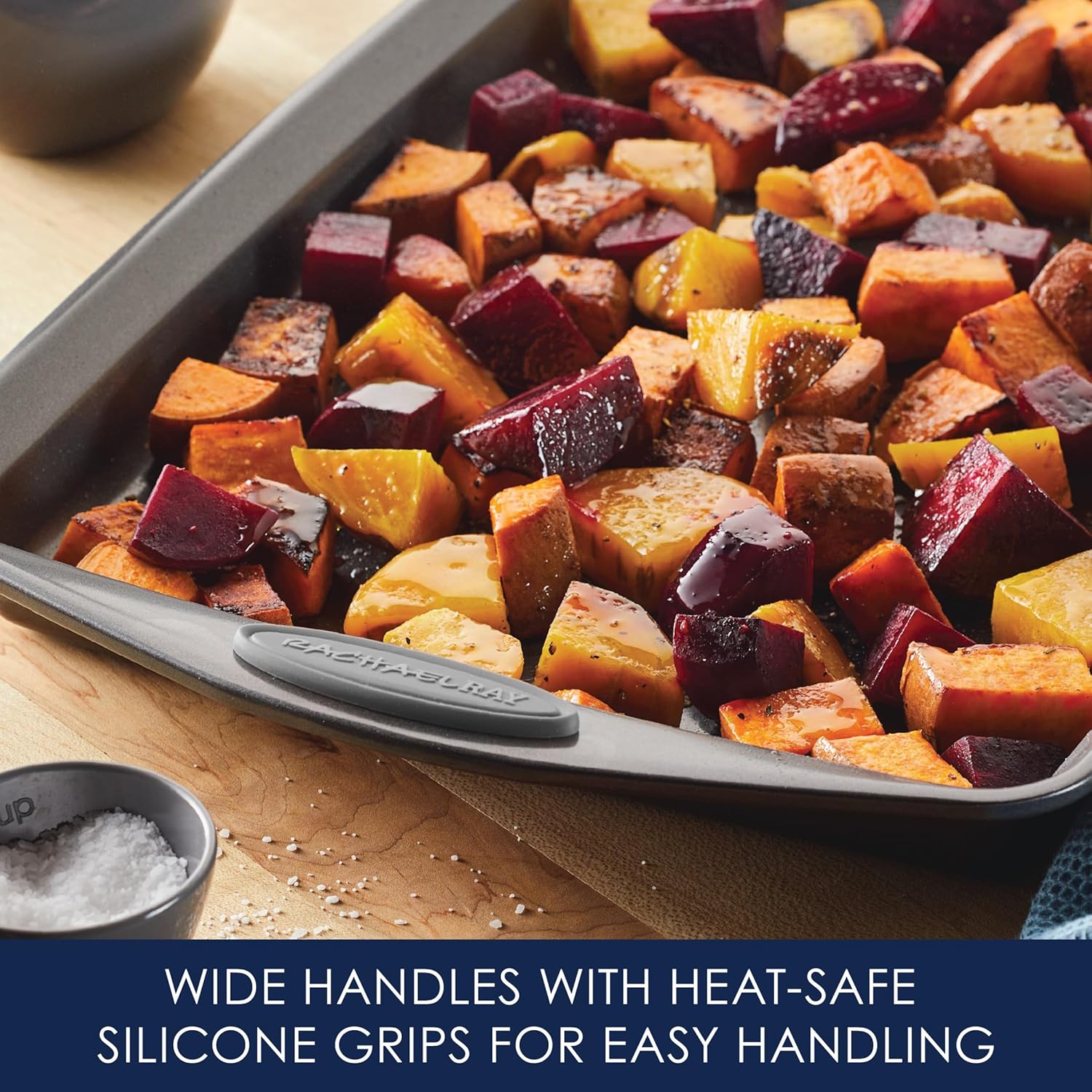Rachael Ray Nonstick Bakeware Set - 3-Piece Cookie Sheets with Grips in Gray & Sea Salt Gray