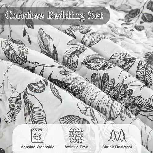 Drucon Grey Floral Quilt Set Queen Size 3 Pieces Botanical Flower Quilt Coverlet Set with 2 Pillowcases Lightweight Soft Microfiber Bedding Set Bedspread for All Season 96"x90"
