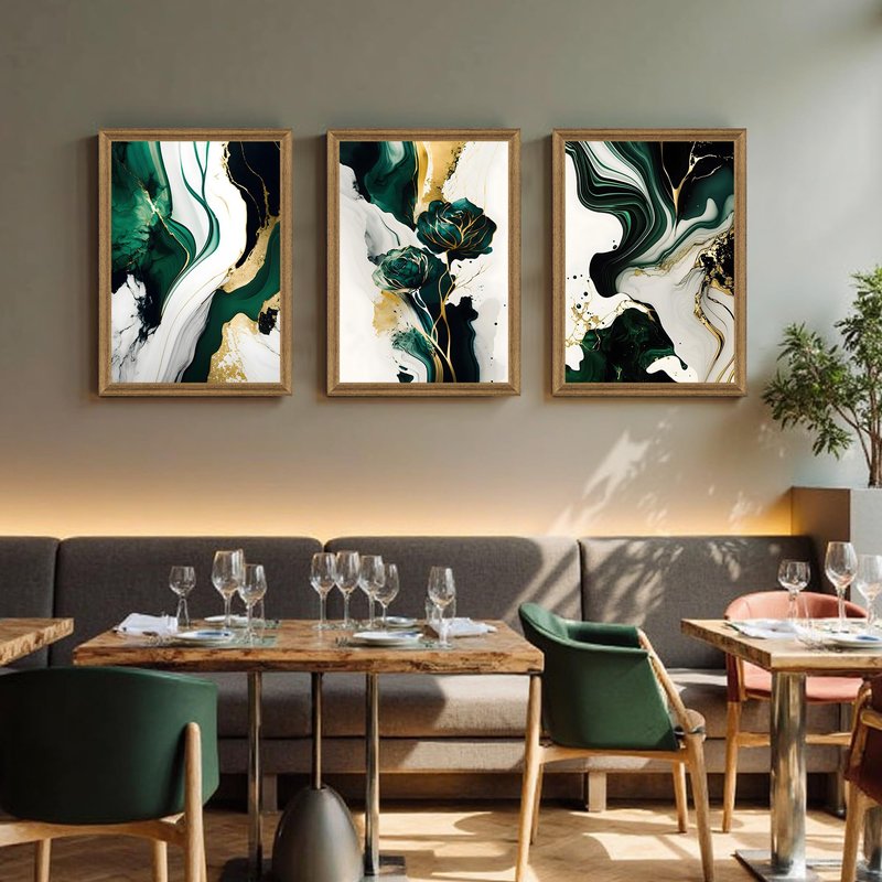 VisionaryBrush Framed Emerald Green Wall Art, Abstract Marbled Canvas Wall Decor, Modern Abstract Green and Gold Poster Print for Living Room Bedroom Office Aesthetic Picture 16x24 Inch 3 Pieces
