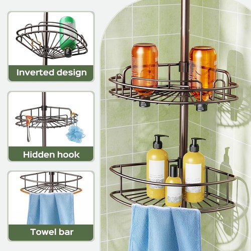 HAMITOR Corner Shower Caddy - 4-Tier Rust-Resistant Adjustable Organizer | No-Drill Quick Installation - Bronze, 47-121 Inch