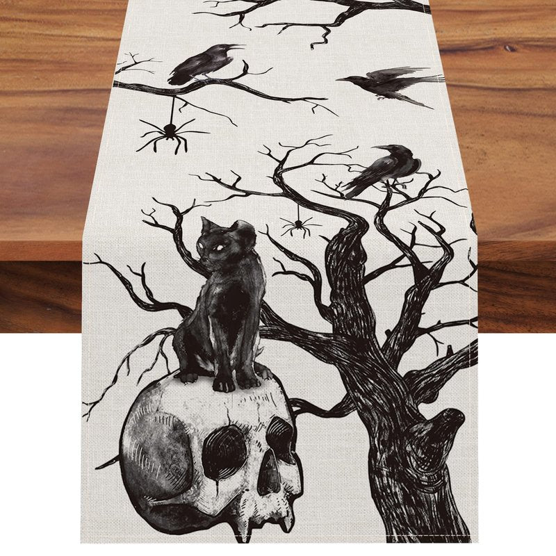 Seliem Halloween Gothic Skull Black Cat Crows Table Runner, Silhouette Tree Branches Spider Kitchen Dining Table Decor, Scary Holiday Home Decoration Indoor Outdoor Party Supply 13 x 108 Inches