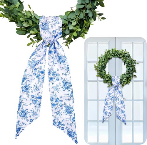 FYSUIMU Blue Flower Wreath Sash - Chinoiserie Floral Garland Ribbon for Holiday Decor | 2 Pcs