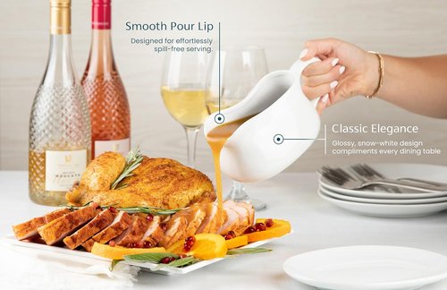 Kook Gravy Boat - 17 oz Ceramic Serving Dish with Tray | Microwave & Dishwasher Safe, White