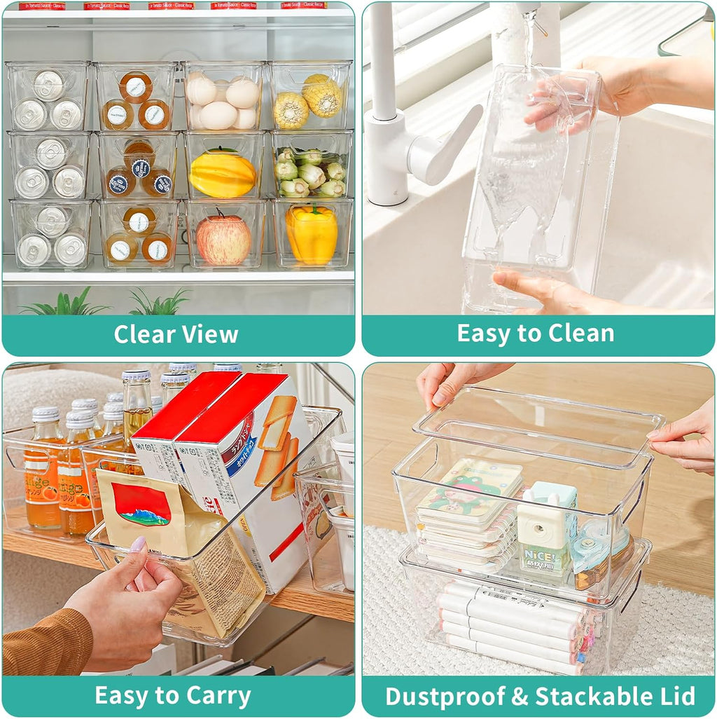 Skiennix 6-Pack Clear Storage Bins - Stackable Acrylic Craft Containers with Lids & Handles for Pantry, Kitchen, Office