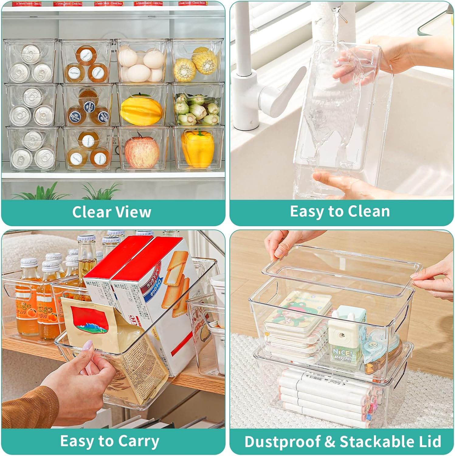 Skiennix 6-Pack Clear Storage Bins - Stackable Acrylic Craft Containers with Lids & Handles for Pantry, Kitchen, Office