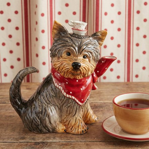 Blue Sky Clayworks Ruby Yorkshire Terrier Puppy Dog Figural Ceramic Teapot, 8.5 in Length, Yorkie Tea-Time Charm