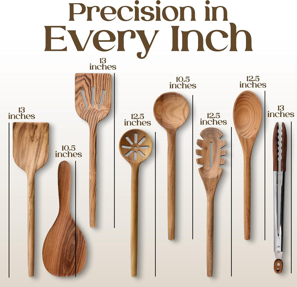 Skiennix 8-Piece Teak Wooden Cooking Spoons Set | Smooth-Sanded Utensils with Comfortable Grip Handles