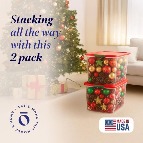 HOMZ Clear Plastic Storage Organizer Bins - 64 Quart Stackable Containers with Secure Latch & Red Lid