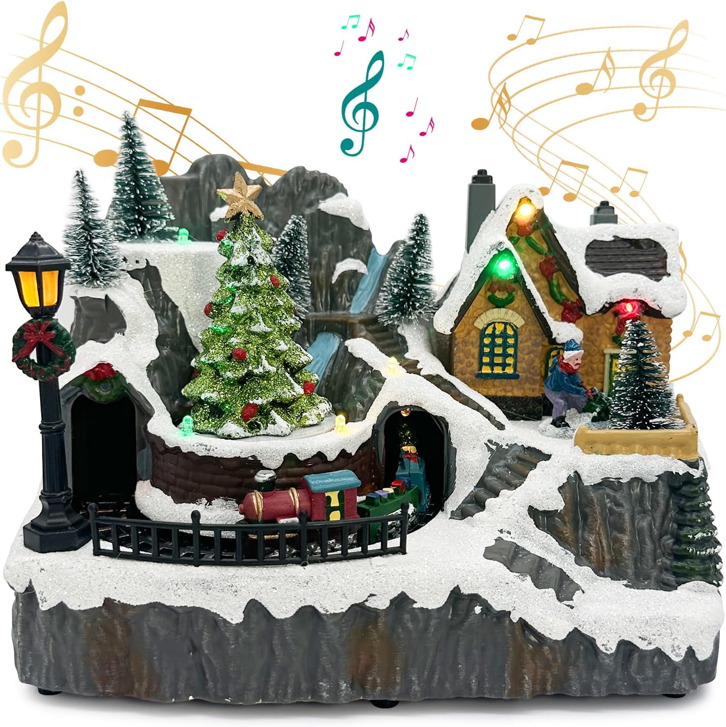 Tarocynn Christmas Village House Figurine - Musical & Light-Up Moving Tree & Train Display
