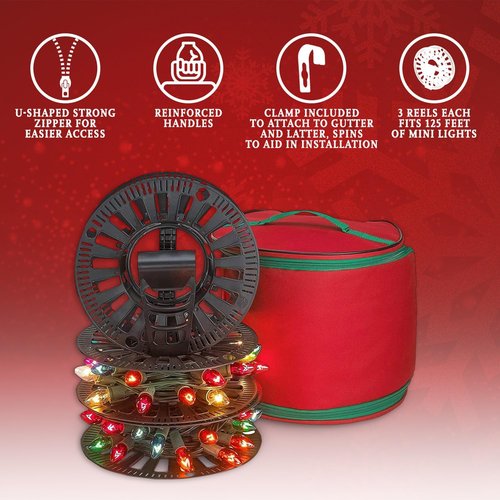 HOLDN’ STORAGE Premium Christmas Light Storage Bag - Heavy-Duty 600D Tear-Proof Material | Holds 375 Ft of Mini Lights & Cords - Red