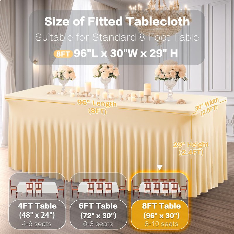 Shillance 2 Packs Champagne Spandex Table Clothes for 8 Foot Rectangle Table, Spandex Table Covers 8FT Stretch Table Skirts Wrinkle Free Fitted Tablecloth for Event, Wedding, Banquet & Parties