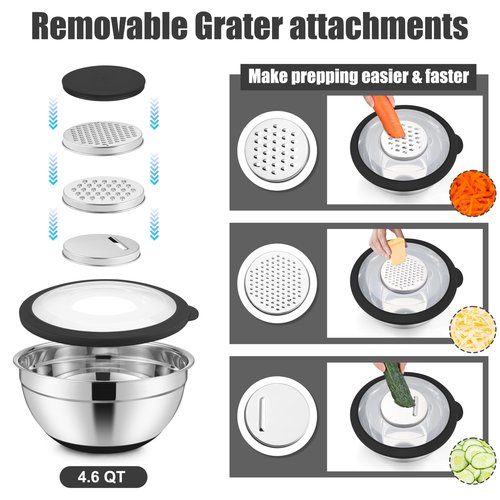 E-far Mixing Bowls with Lids Set, 15PCS Stainless Steel Mixing Nesting Bowl with Colander & 3 Metal Grater for Kitchen Prep/Baking/Storage, Non-Slip Bottom & Airtight Lid, 4.6, 3, 1.5, 1, 0.7QT, Black
