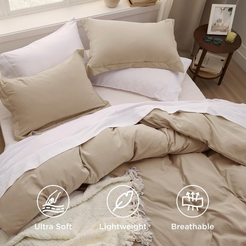 Bedsure Duvet Cover Set - Light Brown Queen Size, 3 Pieces, Extra Soft Prewashed Cotton, Zipper Closure